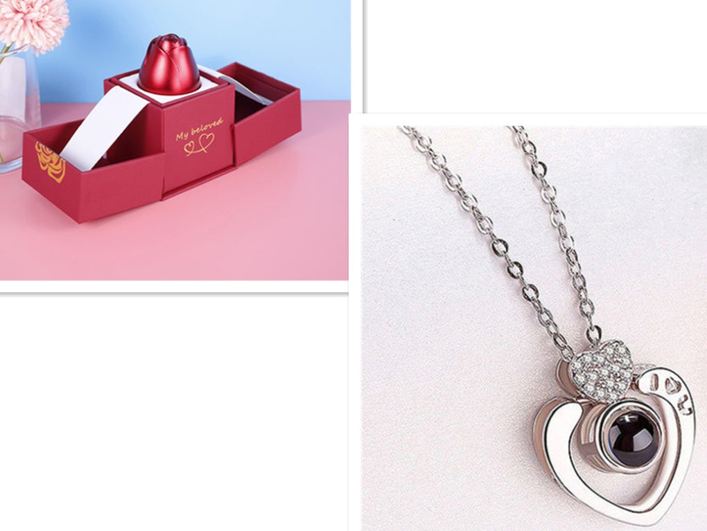 Coffret Cadeau Rose Éternelle & Collier "Je t'aime" en 100 Langues