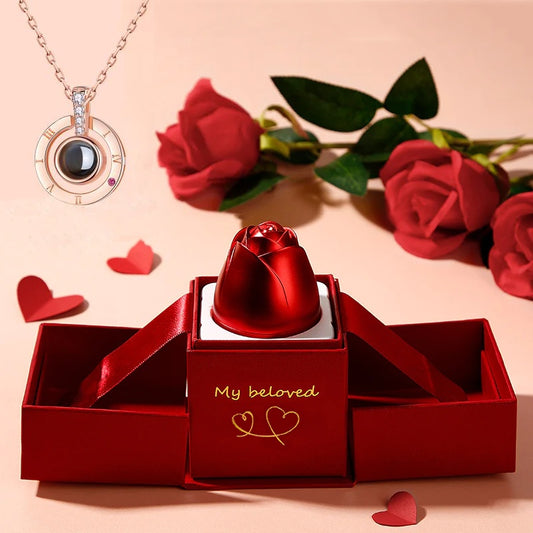 Coffret Cadeau Rose Éternelle & Collier "Je t'aime" en 100 Langues