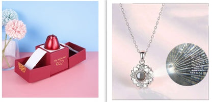 Coffret Cadeau Rose Éternelle & Collier "Je t'aime" en 100 Langues