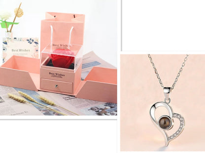 Coffret Cadeau Rose Éternelle & Collier "Je t'aime" en 100 Langues